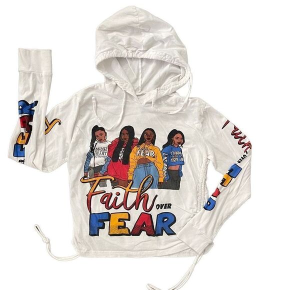 On Fire Faith Over Fear Black Girl’s Graphic Hooded Long Sleeve Top Medium - Picture 1 of 13